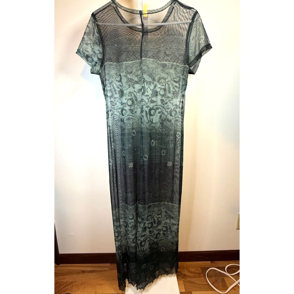 Women’s Black Green Sheer Maxi Dress Goth Witchy Rolled Hem Short Sl Sz Large - Picture 4 of 4